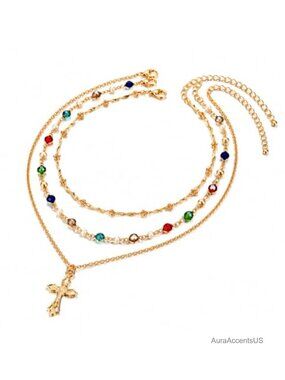 2PCS Layered Beaded Necklaces for Women Pendant Adjustable Lobster Clasp